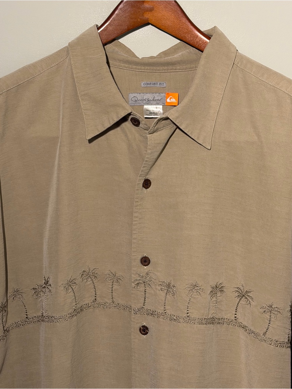 Quiksilver Men’s Tan ShortSleeve Island-Inspired Camp Shirt with Palm Embroidery